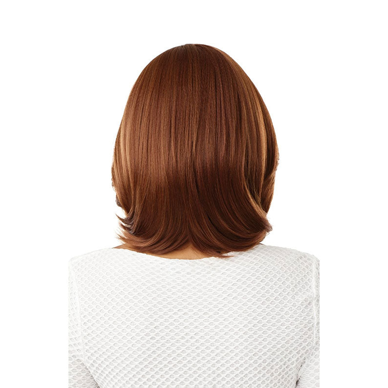 OUTRE 12 inch synthetic lace front wig auburn bob back view smooth shine flipped ends on model