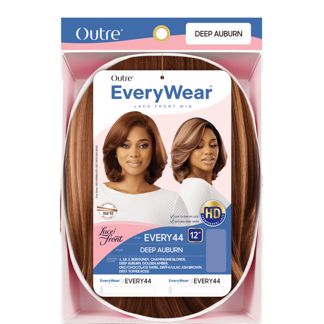 OUTRE EveryWear Deep Auburn 12 inch synthetic lace front wig packaged with model photos showing shoulder length style