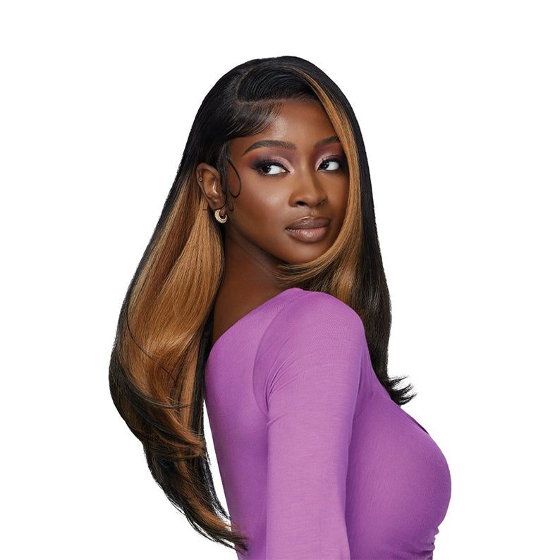 OUTRE 13x4 lace frontal wig swoop black and honey blonde long straight wig with swooped baby hair