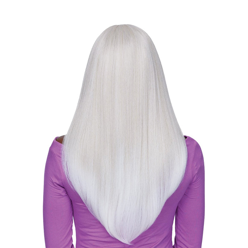 OUTRE 13x4 lace frontal wig swoop long straight platinum white mid back length shown from back