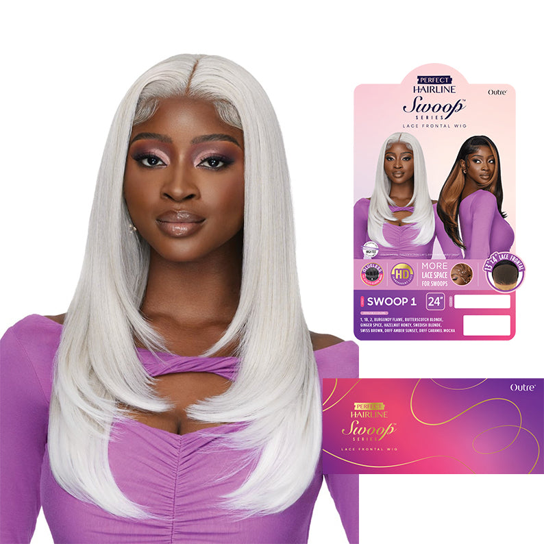 OUTRE 13x4 lace frontal wig swoop platinum white long straight layered middle part on model with packaging