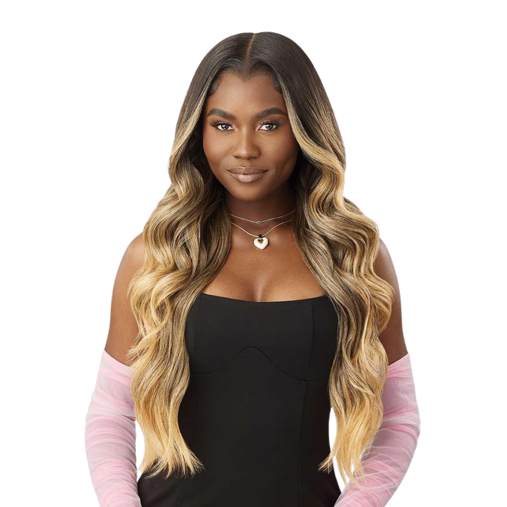OUTRE 13x6 lace front wig long wavy ombre with dark roots to honey blonde middle part natural hairline on model