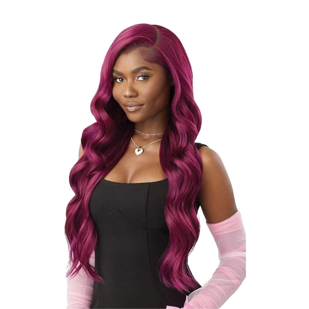 OUTRE 13x6 lace front wig long wavy burgundy magenta hair on model with side part and deep waves