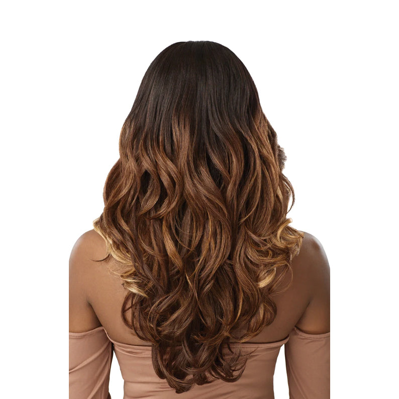 OUTRE long wavy brown ombre 13x6 lace frontal wig Sierra shown from back on model with layered curls
