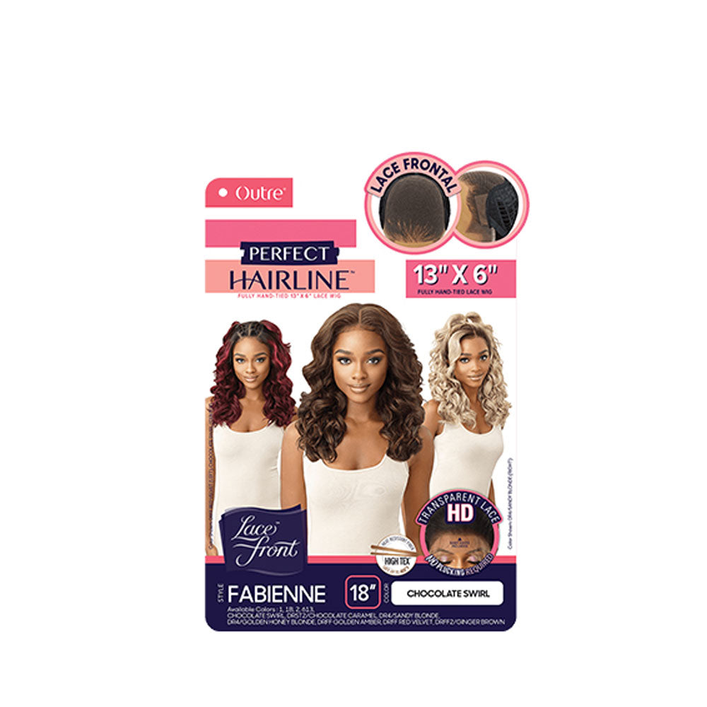 OUTRE Fabienne 18 inch wig packaging showing three models wearing Chocolate Swirl 13x6 lace frontal wig synthetic