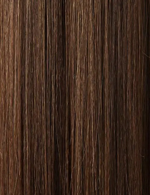 Close-up of OUTRE 20 inch ponytail extension in natural brown color with straight smooth hair strands