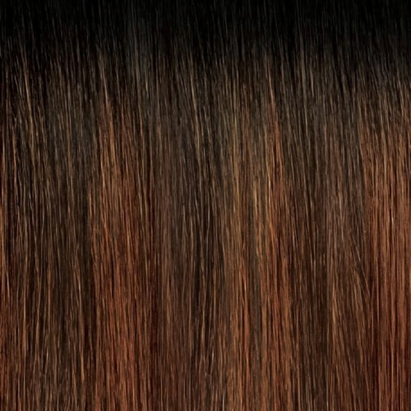 Close-up of OUTRE 22 inch lace front wig showing brown and black blended straight hair strands