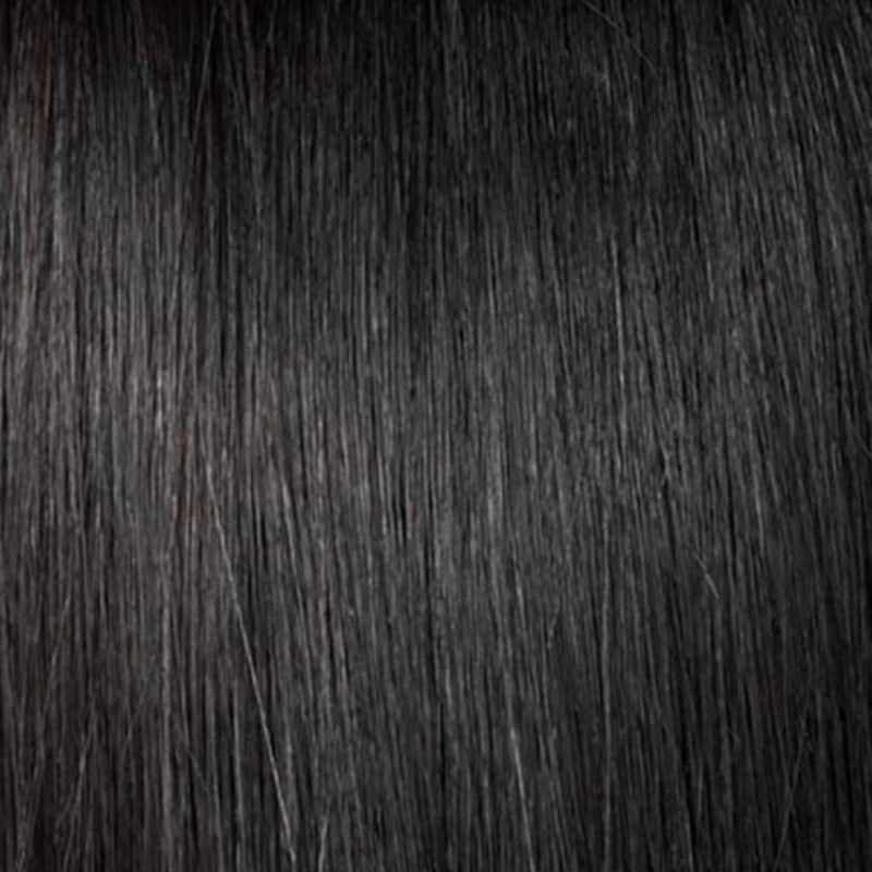 Close-up texture of OUTRE 3B curly drawstring ponytail hair in natural black color