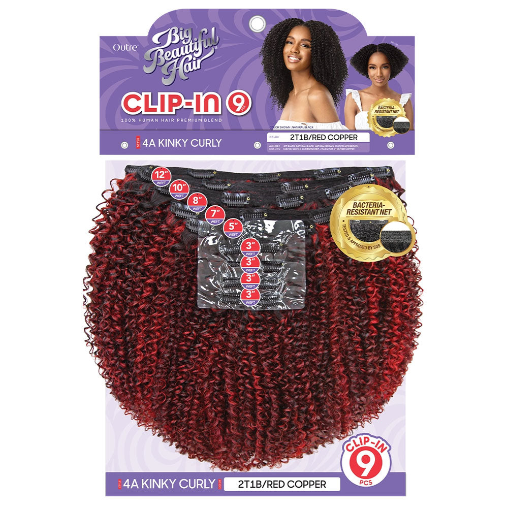 OUTRE 4A kinky curly clip in hair extensions. 2T1B red copper nine piece clip in set