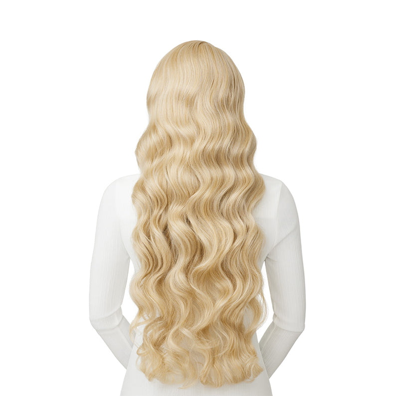 OUTRE blonde deep part lace front wig long wavy platinum blonde back view on mannequin