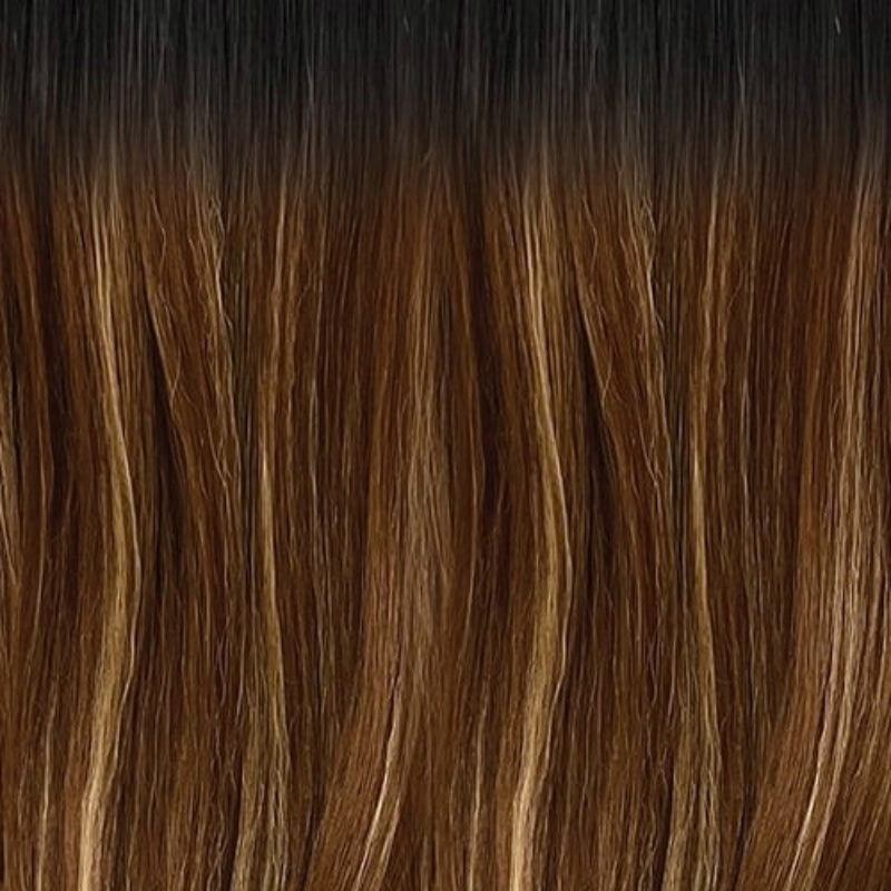OUTRE bohemian curl clip in hair extensions in brown with dark roots and caramel highlights for added length and volume