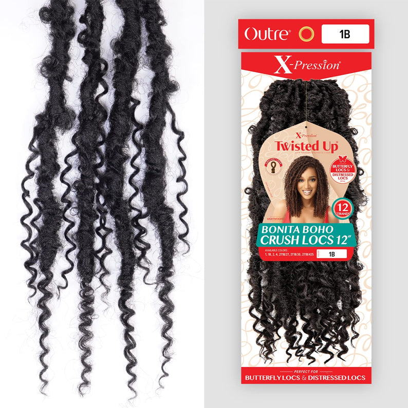 Outre Bonita Boho Crush Locs 12 inch natural black curly braids packaging and hair strands