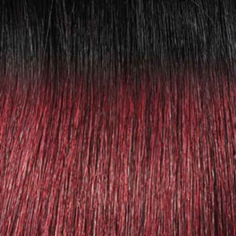 OUTRE Brazilian coily hair weave close up showing black roots transitioning to burgundy red