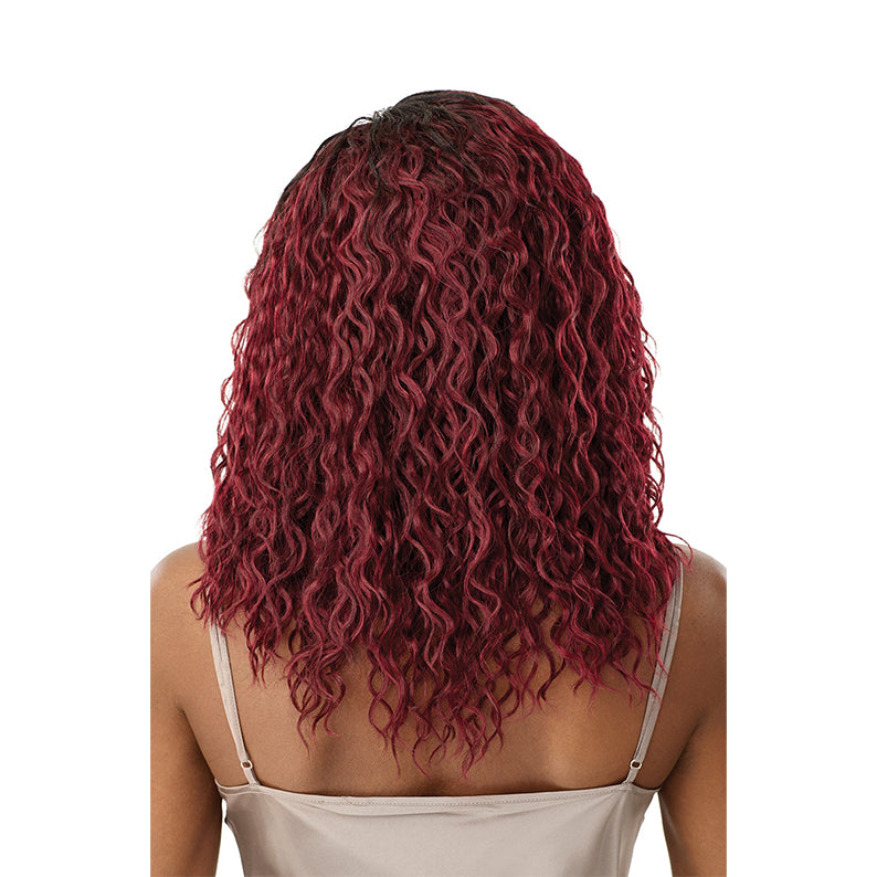 OUTRE Brazilian deep wave hair 12 inch in burgundy color shown from the back on a model
