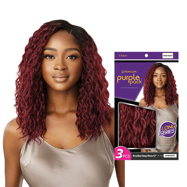 OUTRE Brazilian deep wave hair 12 inch in red velvet, modeled by a woman with deep wave curls