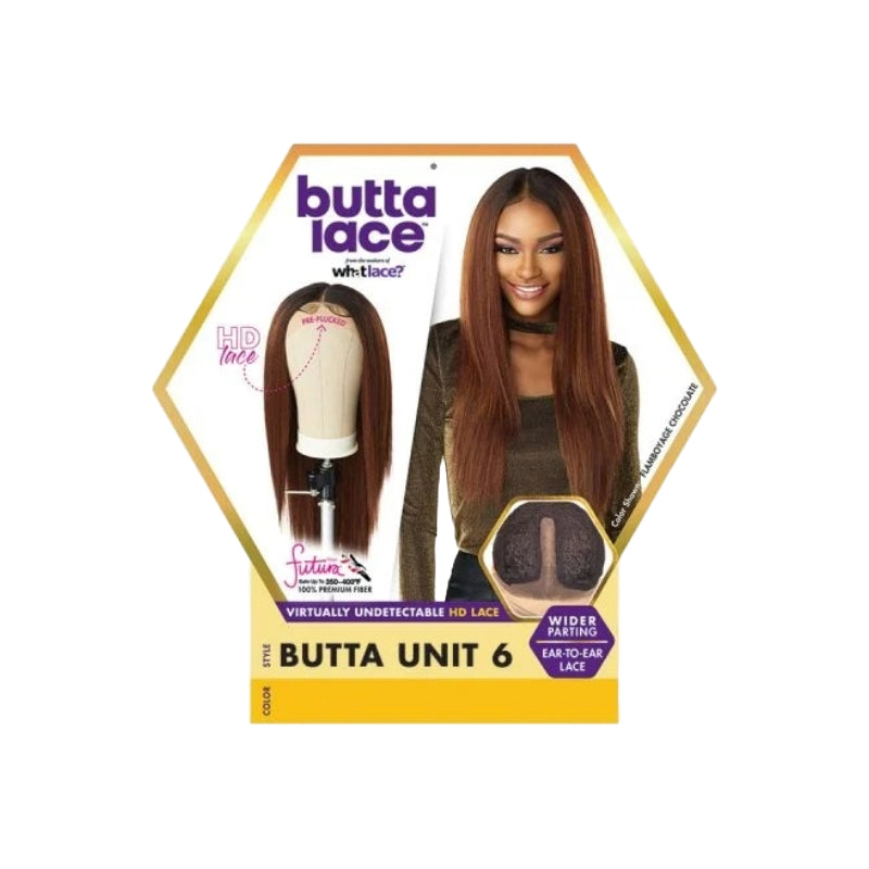 SENSATIONNEL Butta Lace Unit 6 wig long straight chestnut brown HD lace shown on model and wig stand