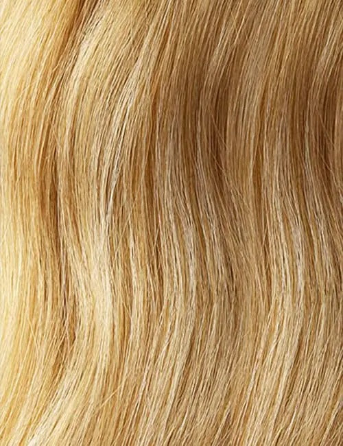 Close-up of blonde wavy hair texture for OUTRE clip-in ponytail hair extension