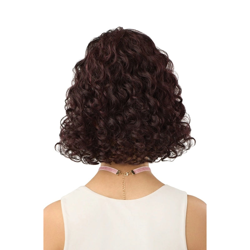 OUTRE dark brown short curly ponytail hair extension shown from back on model highlighting tight curls