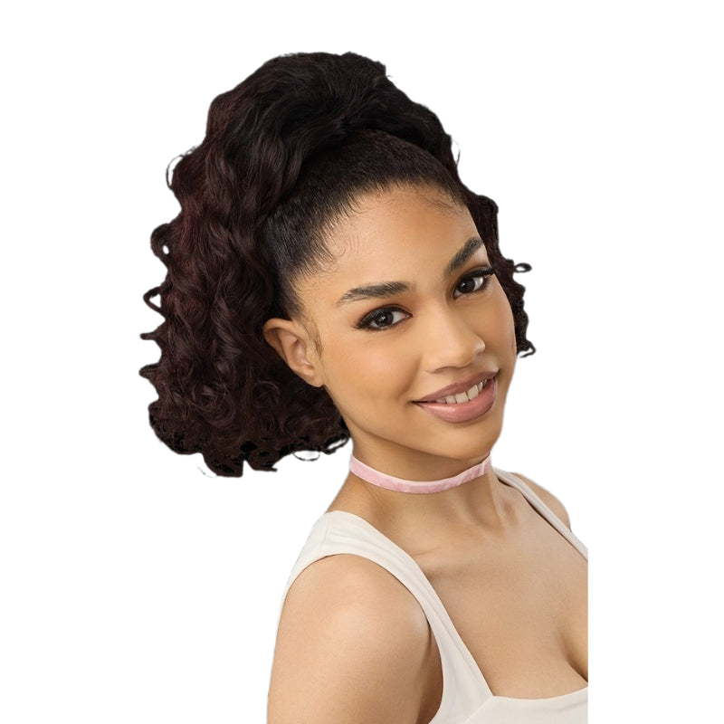 OUTRE curly ponytail hair extension in dark brown on model with high ponytail for added volume and bounce