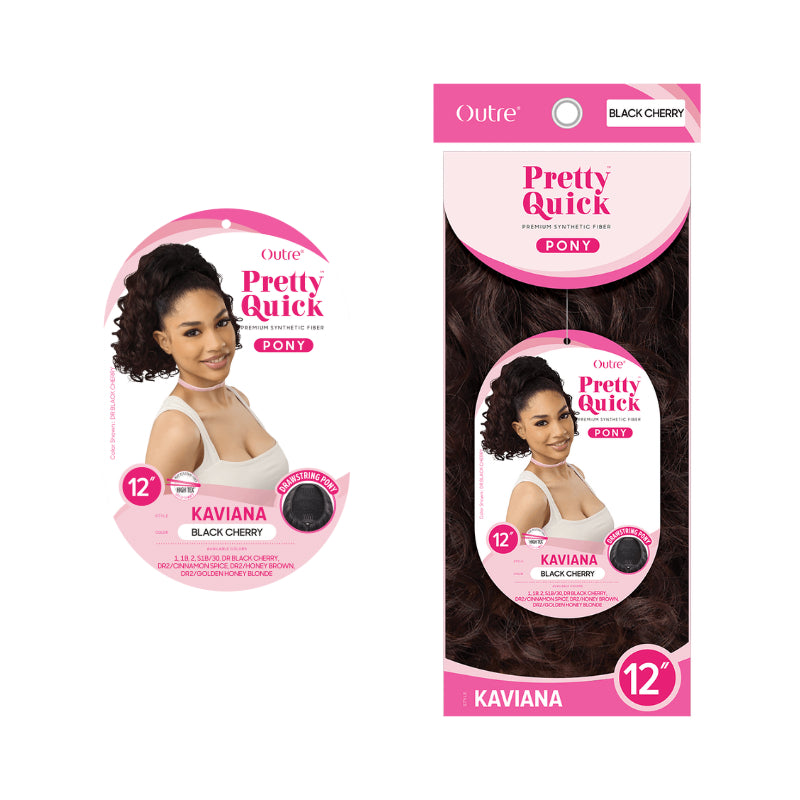 OUTRE Pretty Quick Kaviana Black Cherry 12 inch curly ponytail hair extension packaging with model