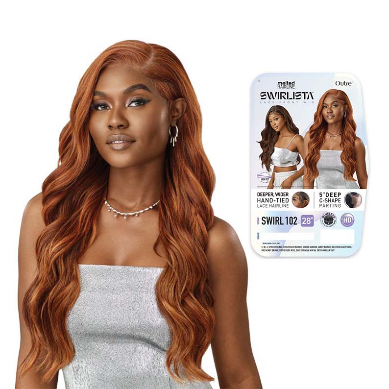 OUTRE deep C part lace front wig auburn long wavy hair on model with product packaging card