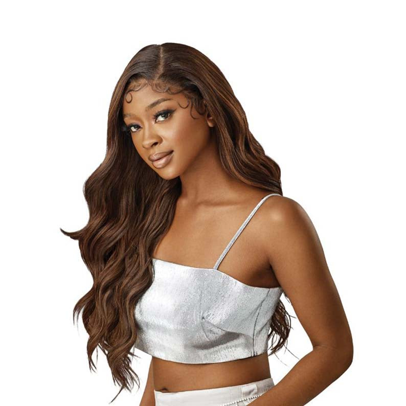 OUTRE deep C part lace front wig long wavy brown with subtle highlights on model with baby hairs