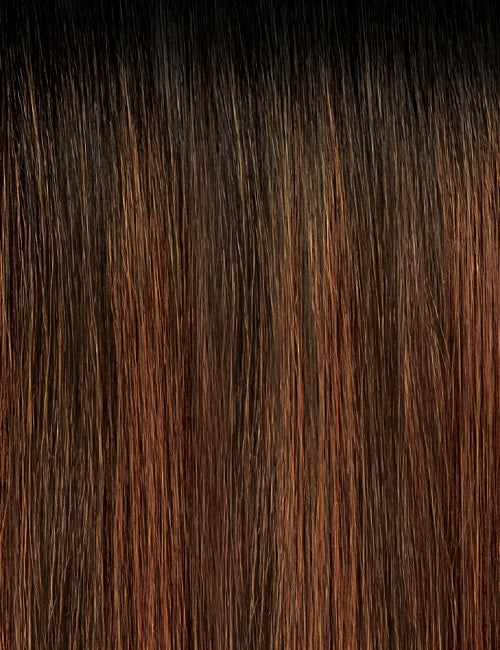 OUTRE glam curly ponytail extension color swatch dark brown with auburn highlights closeup