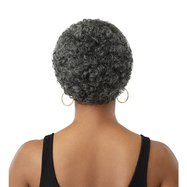 OUTRE gray human hair wig short curly afro style on model with tapered nape for natural everyday wear