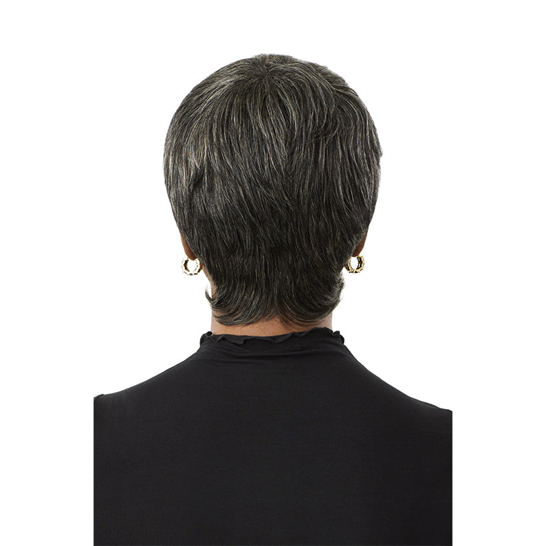 OUTRE short tapered pixie style gray human hair wig for women shown from back with salt and pepper texture and tapered nape