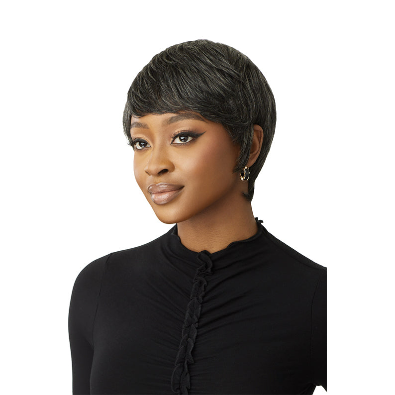 OUTRE gray human hair wig for women short sleek pixie cut on model with side swept bangs