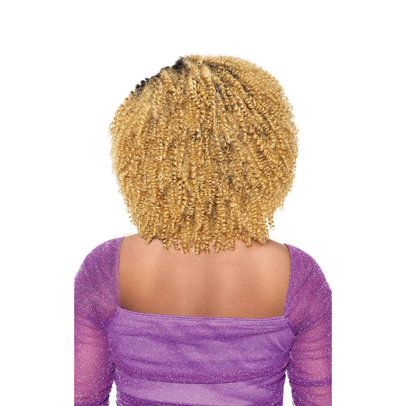 OUTRE kinky curly hair extensions short honey blonde bob shown from back for voluminous natural textured look