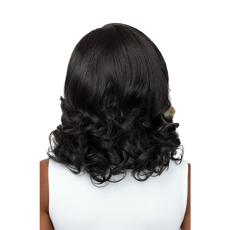 OUTRE lace front synthetic wig 14 inch black shoulder length with soft loose curls shown from back