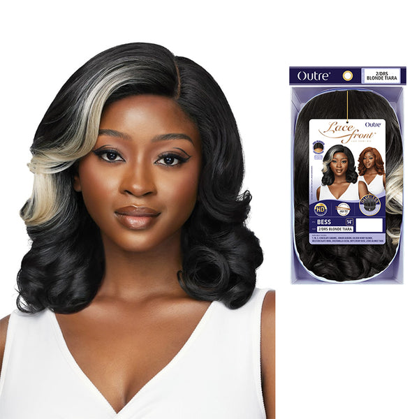 OUTRE lace front synthetic wig 14 inch black with platinum blonde highlight vintage waves on model and packaged