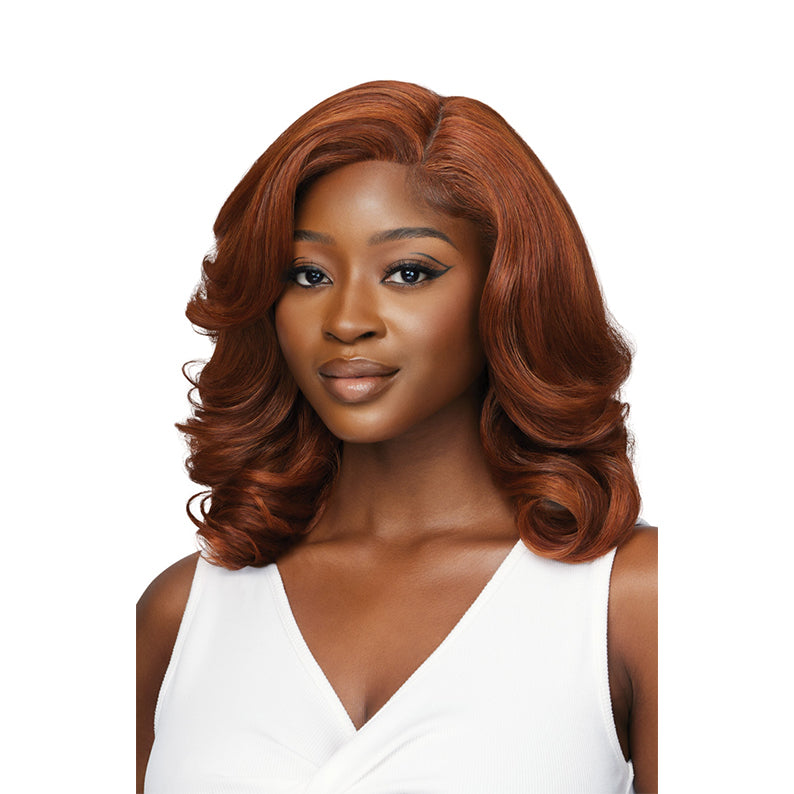 OUTRE lace front synthetic wig 14 inch auburn shoulder length soft waves side part for natural volume