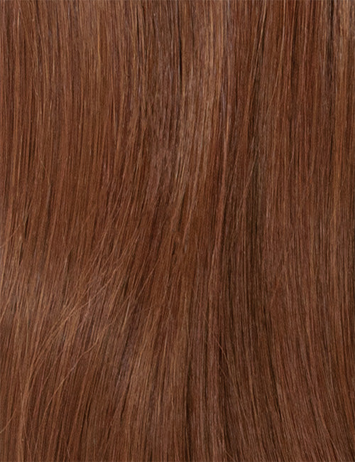 OUTRE lace front synthetic wig chestnut brown straight hair texture close up showing natural sheen