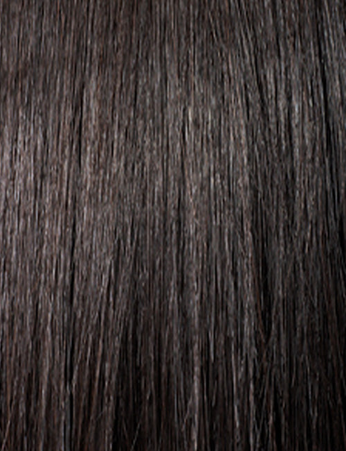 OUTRE lace front synthetic wig dark brown straight hair close up showing texture and natural shine