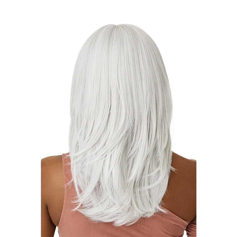 OUTRE lace front synthetic wig white silver layered shoulder length shown from back on model