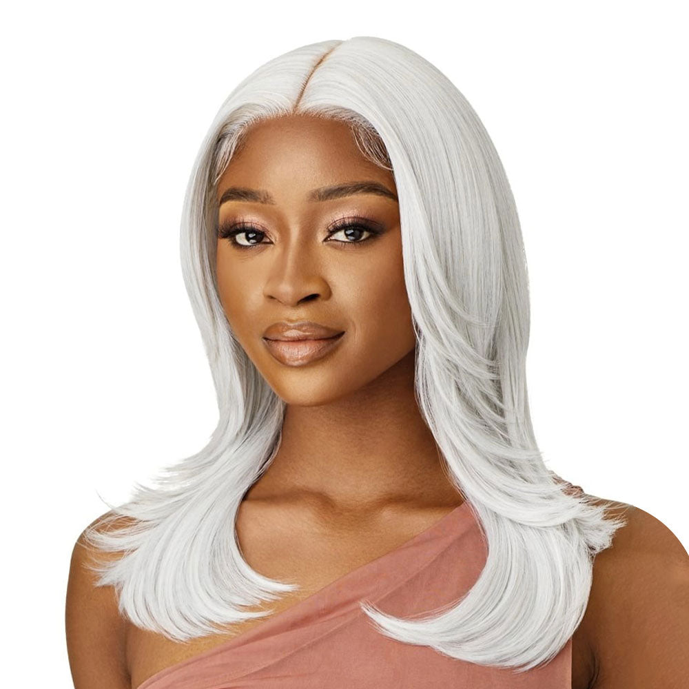 OUTRE lace front synthetic wig silver white shoulder length straight layered with center part for sleek looks