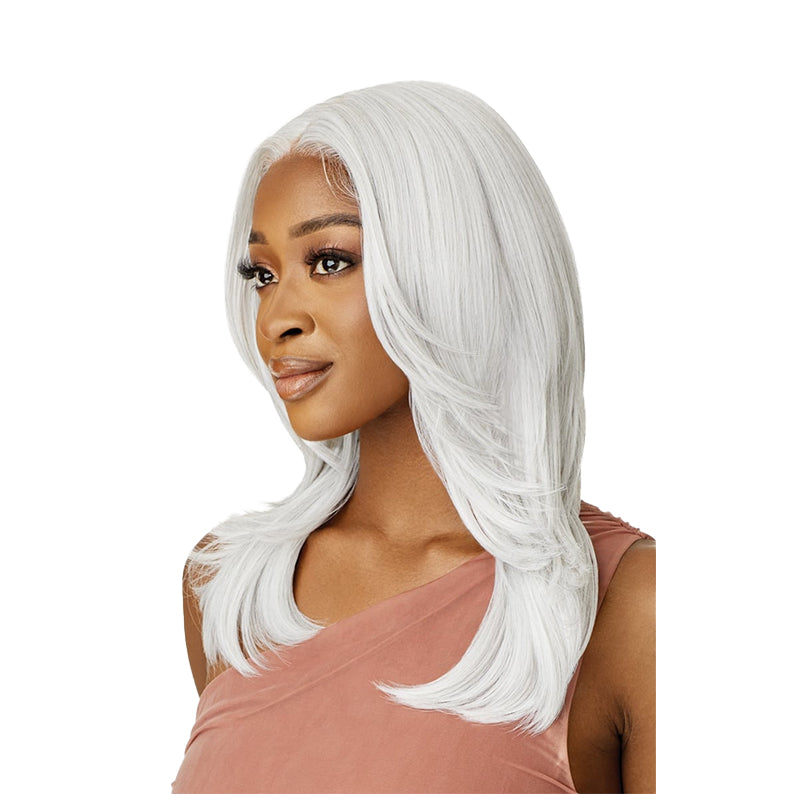 OUTRE lace front synthetic wig silver white long layered center part on model with natural hairline
