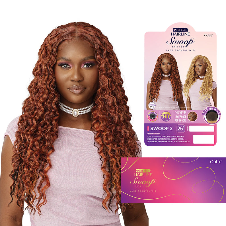 OUTRE lace frontal wig with swoop bangs long copper deep wave on model with product packaging