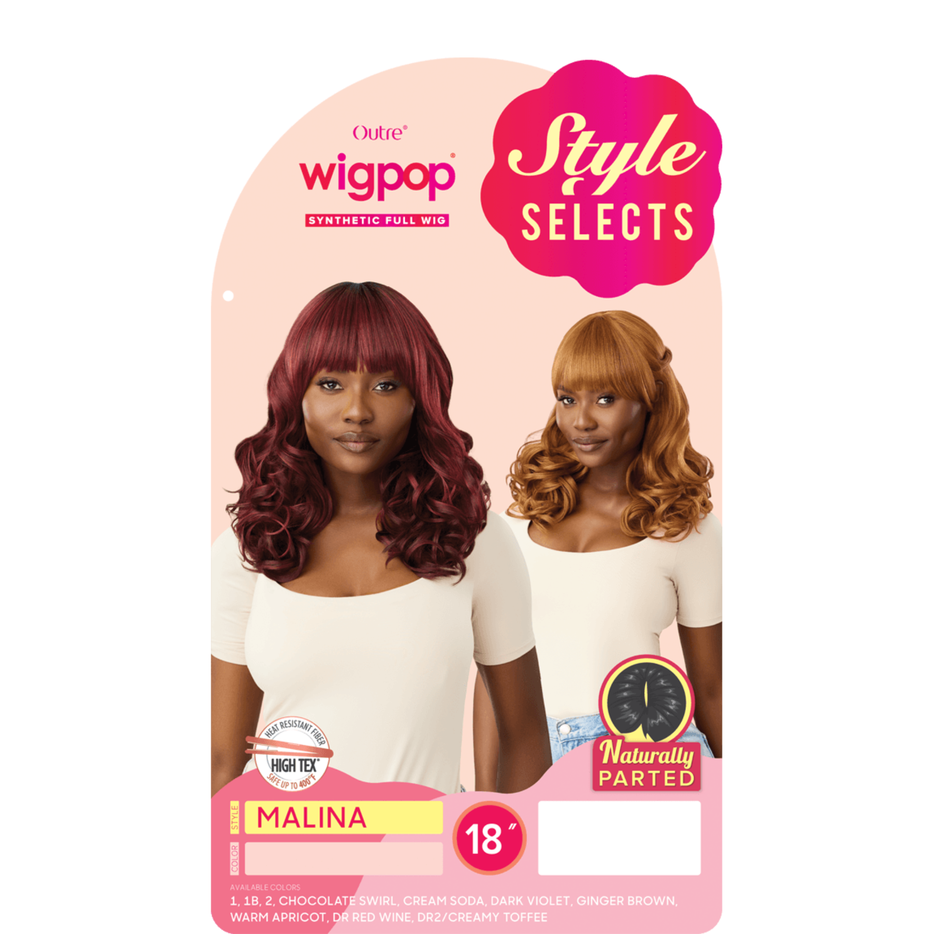 OUTRE Wigpop packaging showing two models wearing Malina 18 inch synthetic wig. Red and caramel curled styles