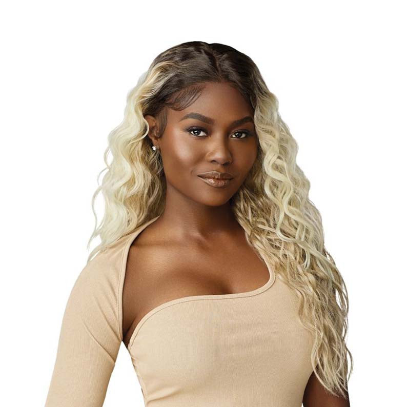 OUTRE melted hairline front wig long wavy blonde with dark roots on model for natural hairline style