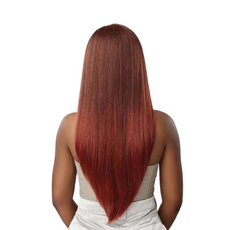 OUTRE Melted Hairline lace front wig 26 inch straight auburn red long sleek back view on model