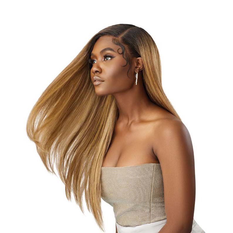 OUTRE Melted Hairline lace front wig 26 inch. model wearing long straight honey blonde with sleek side part