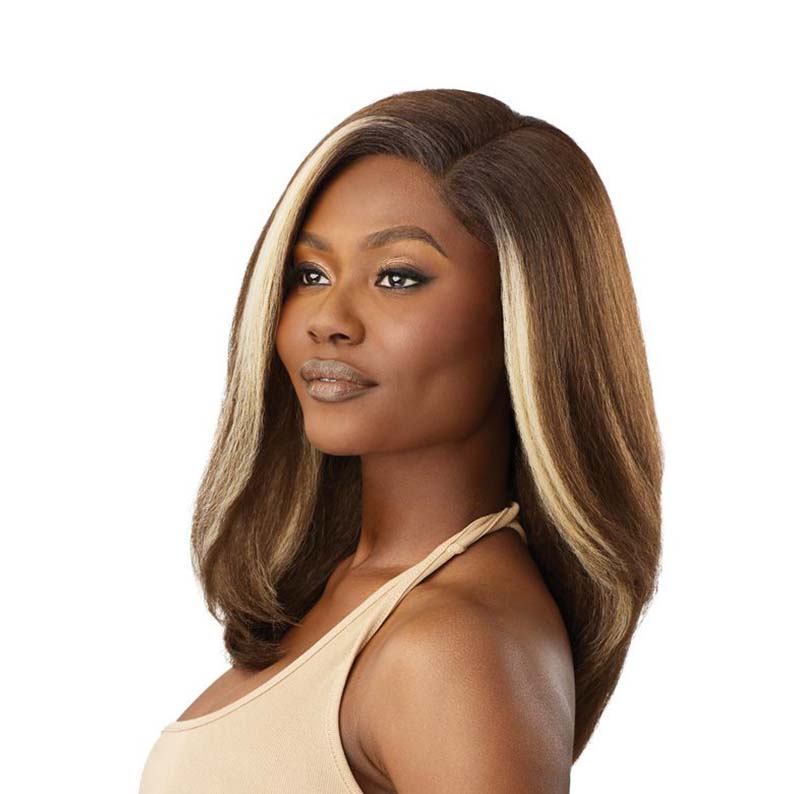 OUTRE melted hairline lace front wig medium brown with blonde face framing highlights sleek shoulder length side part