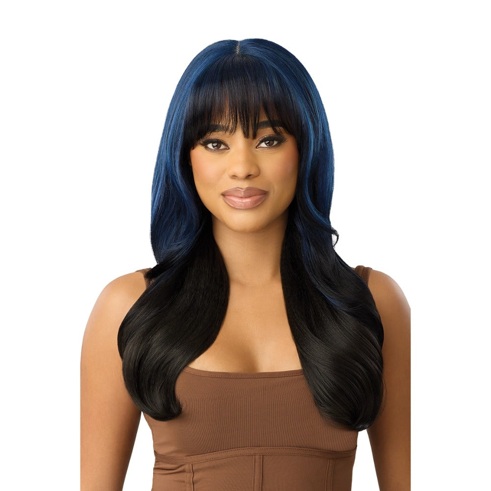 OUTRE long blue to black layered wig with bangs and sleek waves melted hairline wig for natural look