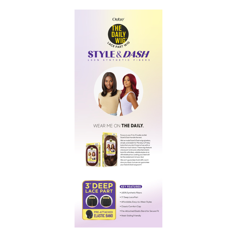 Outre The Daily Wig Style and Dash packaging showing two models wearing wigs and product boxes