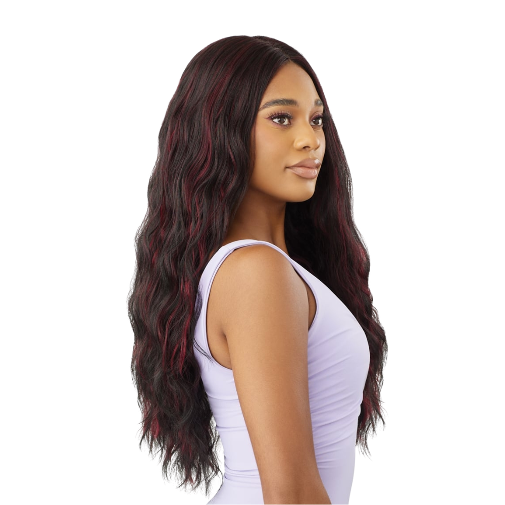 Outre The Daily Wig long wavy black wig with burgundy highlights and natural middle part on model