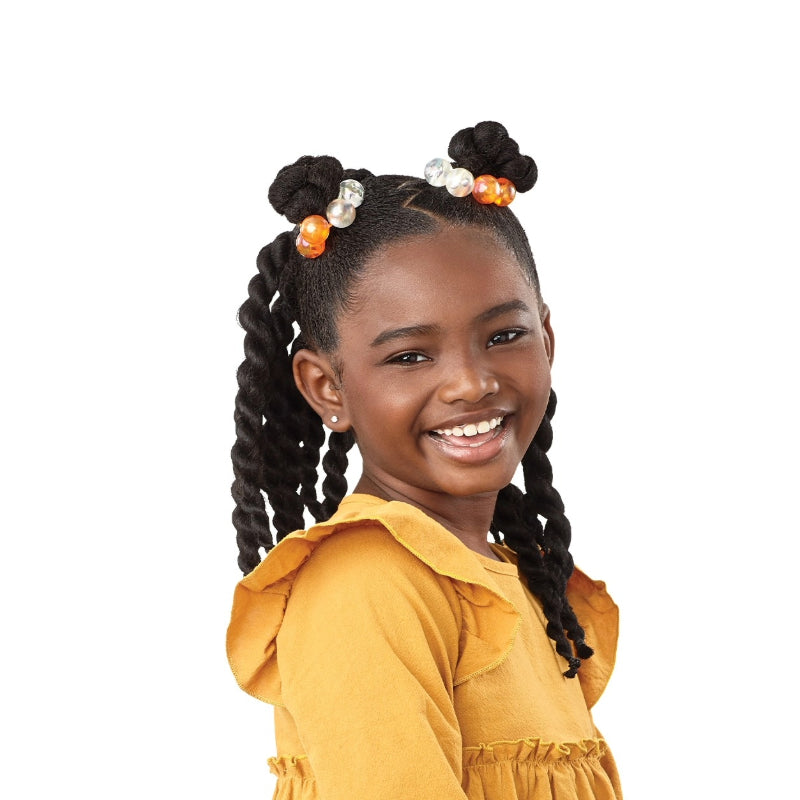 Young girl with Outre pre-stretched calming braid hair styled in two buns and twists with colorful beads