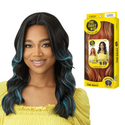 Prianna 20 inch synthetic lace wig on model black wavy with teal highlights and product box